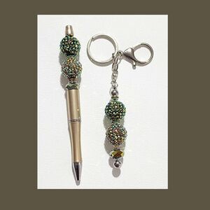 The "Beaded Beauty Pen & Keychain Collection" - Gold/Green iridescent beads